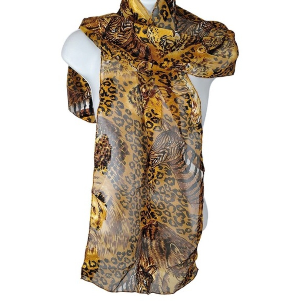 Animal Print Sheer Scarf Tiger Leopard Gold safari jungle wildlife mpb wife - Picture 1 of 6